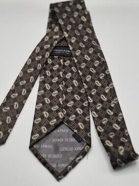 Giorgio Armani Tie Silk Vintage Brown Paisley Geometric Abstract Woven Italy Lux